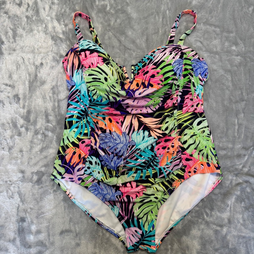 Tahiti Womens Plus 3X 22W 24W Tropical Monstera One Piece Swimsuit Neon Ruched